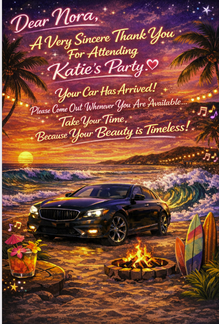 Custom illustrated thank-you poster from a client — Dear Nora · A Very Sincere Thank You For Attending Katie's Party · Your Car Has Arrived · Your Beauty is Timeless