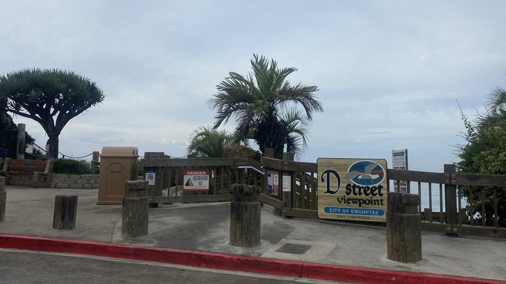 The D Street Viewpoint in Encinitas under a gray sky, a red DANGER Active Bluff Failure Zone sign posted at the beach stairs
