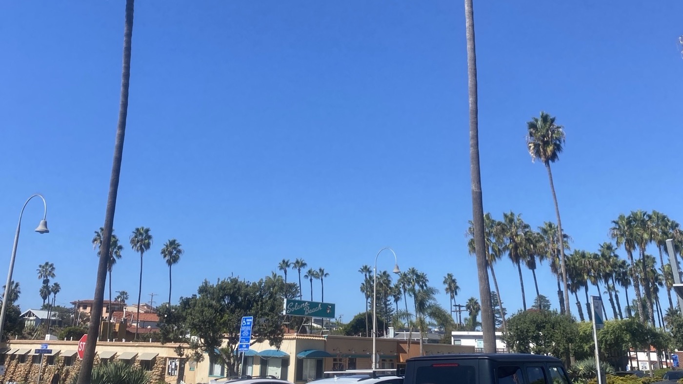 The green Solana Beach sign above a row of shops with blue awnings, tall palms against a clear blue sky