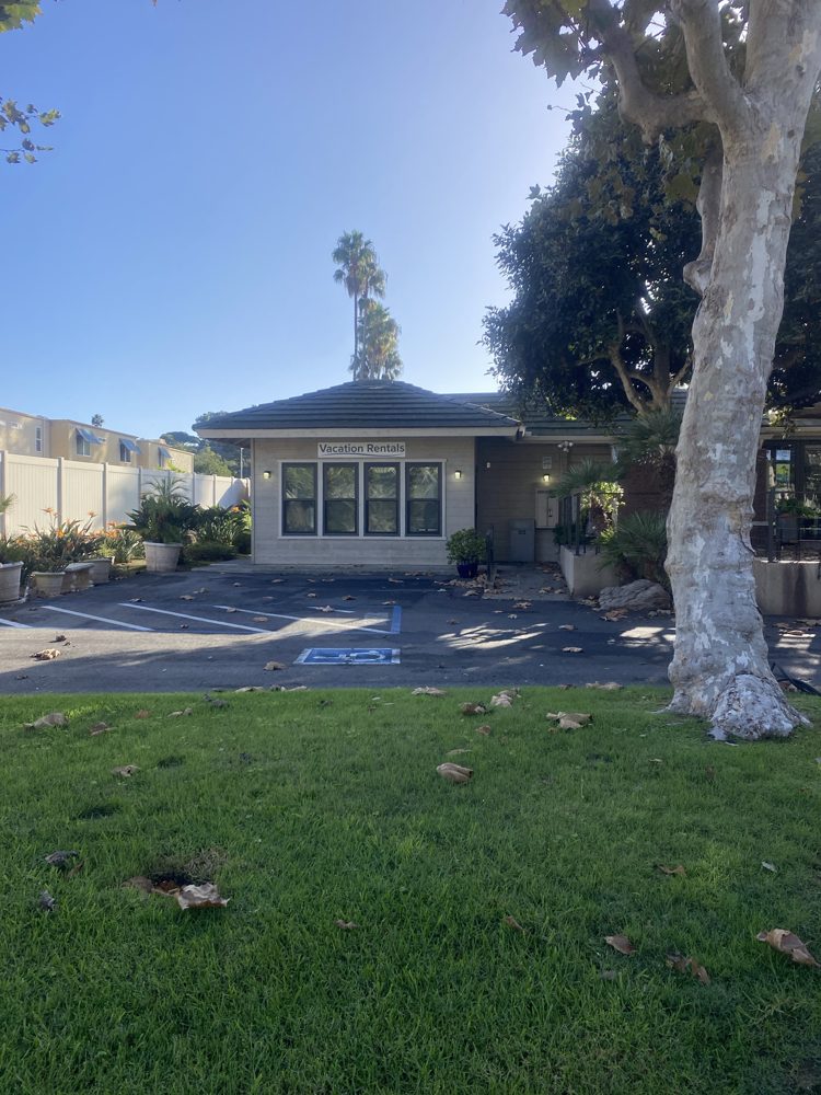 A small 'Vacation Rentals' office with a row of windows and a hip roof behind a lawn and a parking lot, palms behind