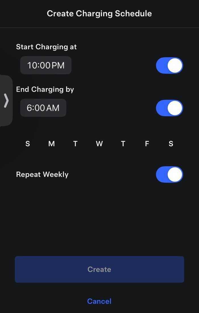 Tesla app Create Charging Schedule screen with Start Charging at 10:00 PM, End Charging by 6:00 AM, a row of weekdays and Repeat Weekly turned on