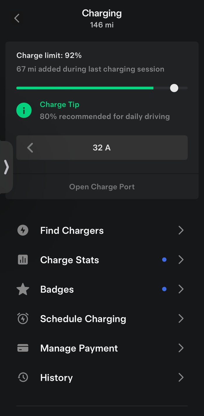 Tesla app Charging screen showing the charge limit slider, a Charge Tip that says 80% recommended for daily driving, the amps setting, and Schedule Charging