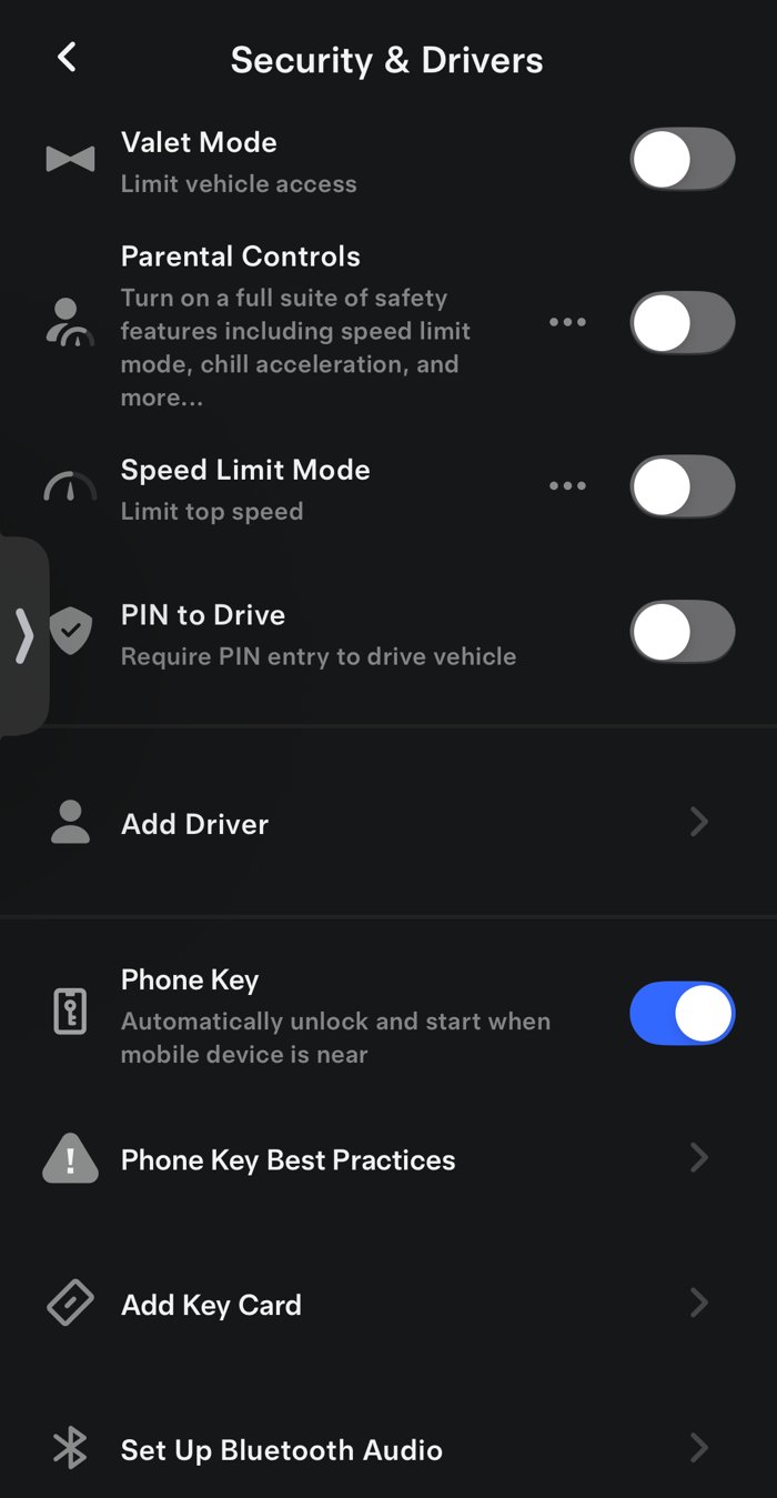 Tesla app Security and Drivers screen: Valet Mode, Parental Controls, Speed Limit Mode, PIN to Drive, Add Driver, Phone Key turned on, Phone Key Best Practices, Add Key Card